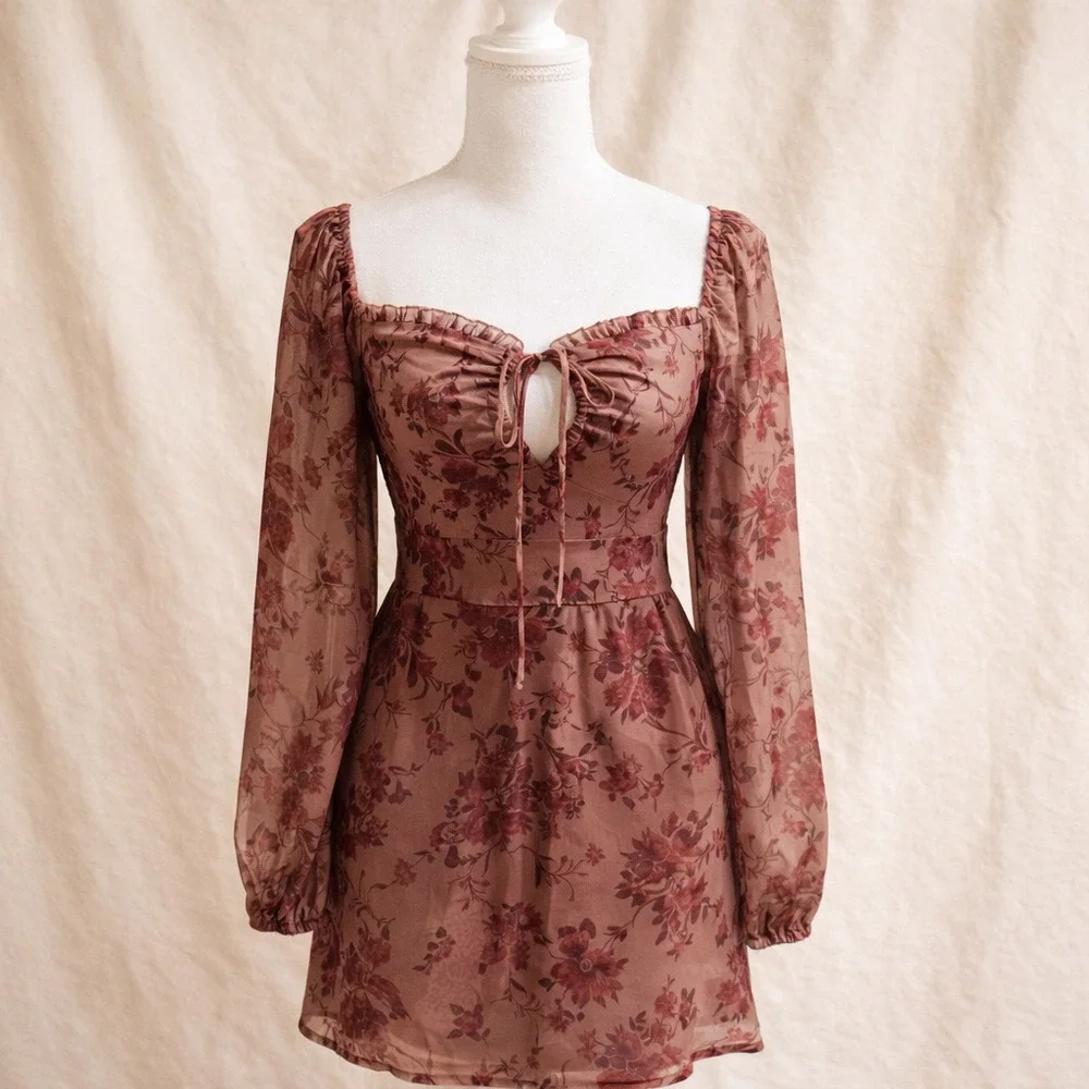 Romantic Cottagecore Floral Top Milkmaid Ruched Whimsy Boho Peplum Sheer Dress S - Picture 1 of 11